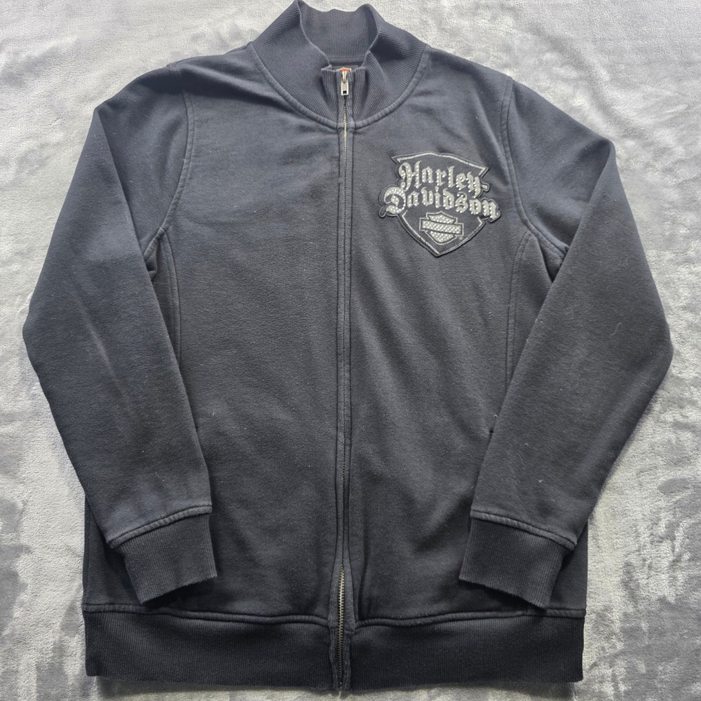 Harley Davidson Zip Sweatshirt Medium Black Womens Biker Rhinestone Cross Fleece